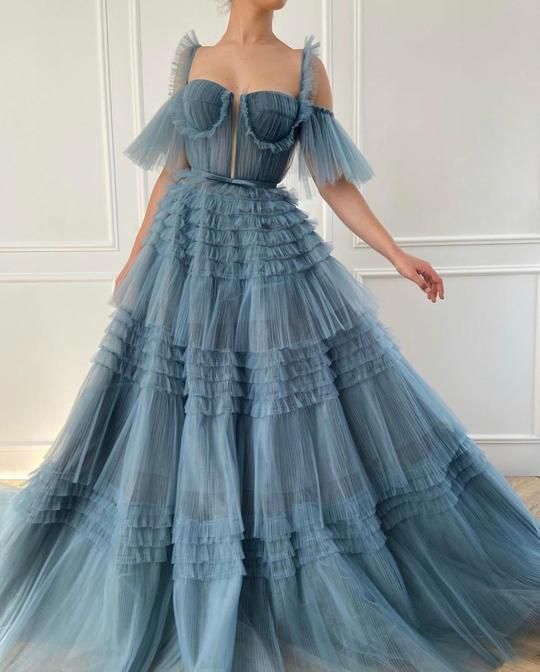Dusty Blue Tulle Ruffled Gown, Long Tulle Prom Dress, Tiered Skirt Dress