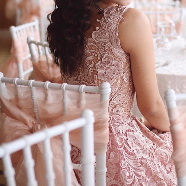 A-Line Pink Lace Tea Length Sleeveless Homecoming Dress