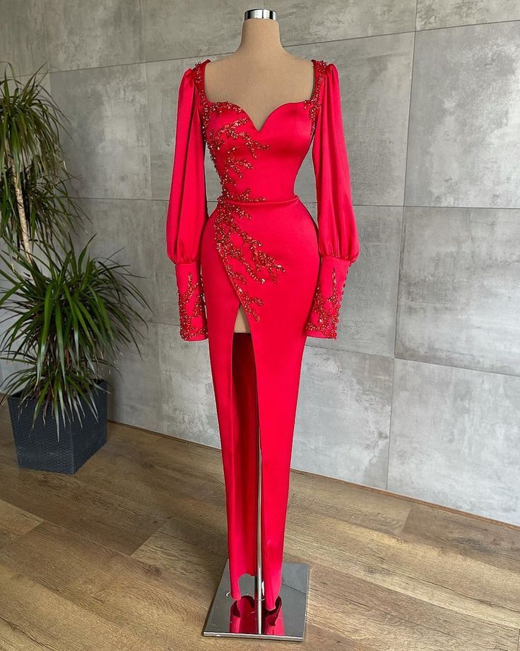 Red long sleeves fashion prom dress