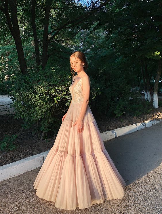 A line light champagne long prom dress, fashion evening dress