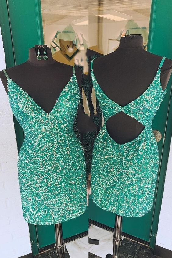 Green Sequin Spaghetti Straps Bodycon Mini Dress Homecoming Dress