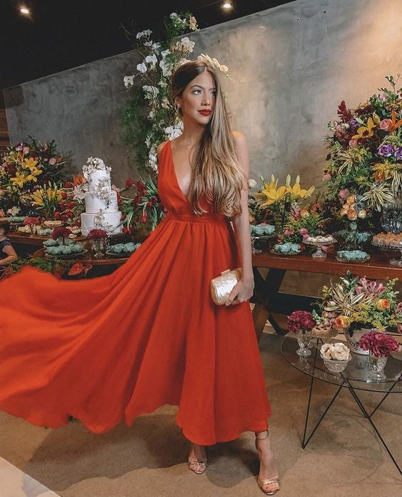 A line red prom dress, simple evening dress