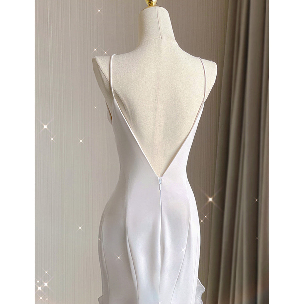 White Sheath Halter Backless Wedding Dress - View 2 | FashionDia