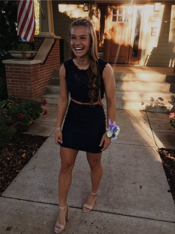 Short Two Piece Prom Dresses, Short Black Formal Homecoming Dresses