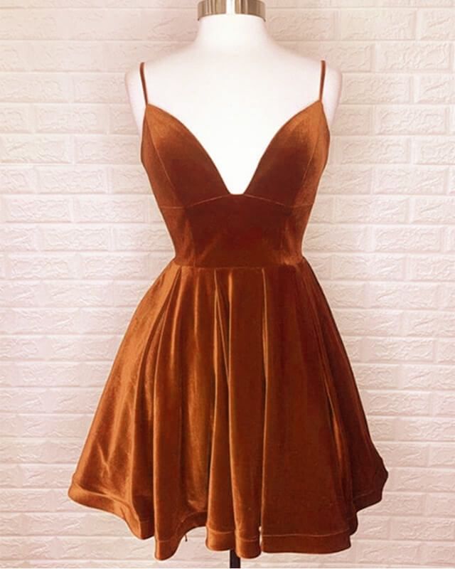 Short Burnt Orange Velvet Homecoming Dress