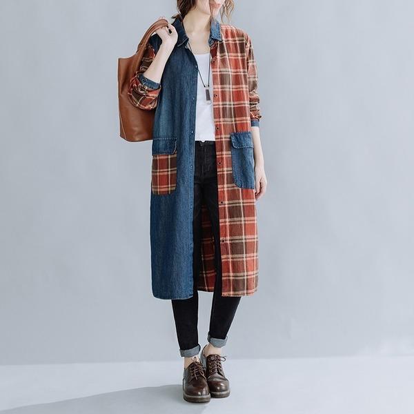 long sleeve plus size cotton denim vintage plaid women casual loose midi autumn shirt dress
