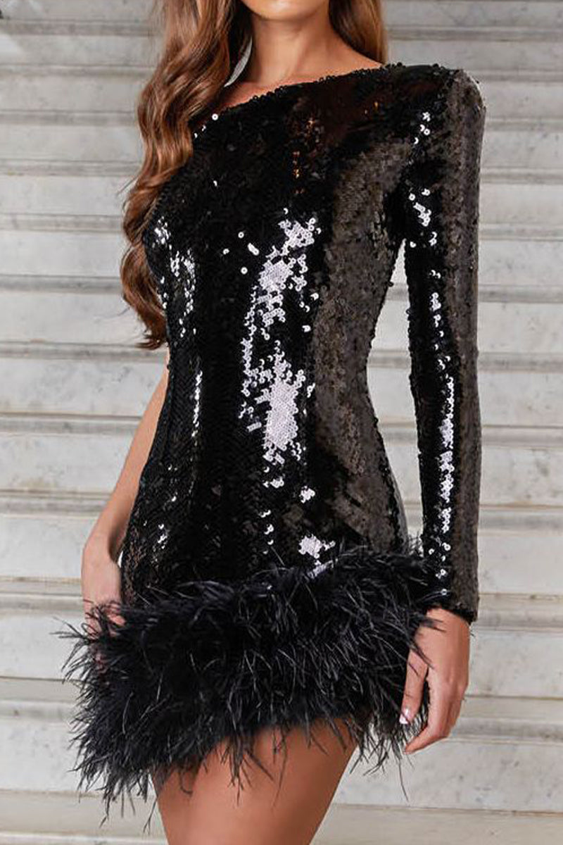 Sexy Party Solid Sequins Feathers Asymmetrical Oblique Collar Evening Dress Dresses - View 3 | VelvetHem