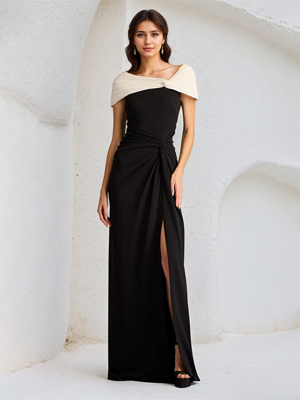 Black Sheath/Column Asymmetrical Neckline Sleeveless Chiffon Dress With High Slit