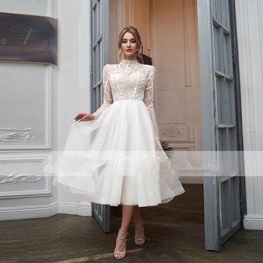 High Collar With Sleeve Luxury Applique Wedding Dress Short Tulle Custom Elegant Tea Length Bride Gown Button Vestidos by payinti