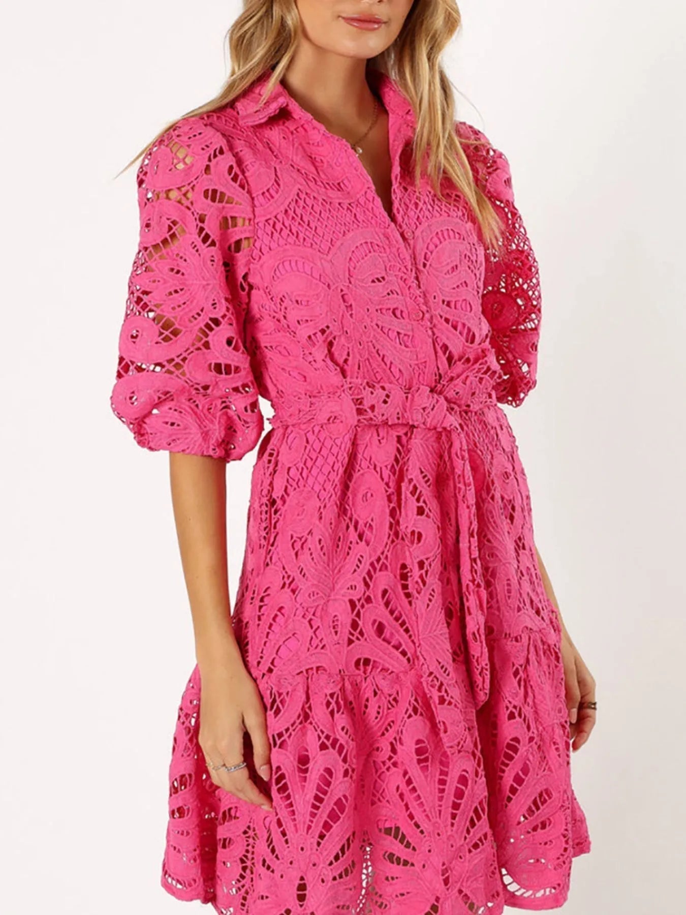 Viola Minimalist Lace Mini Dress with Tie Waist and Half Sleeves Boutique Collection