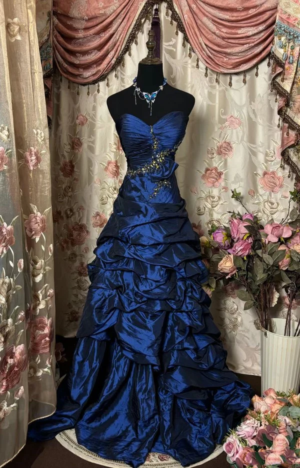 Sweetheart Blue Satin Vintage Prom Dress Beaded Formal Evening Dress