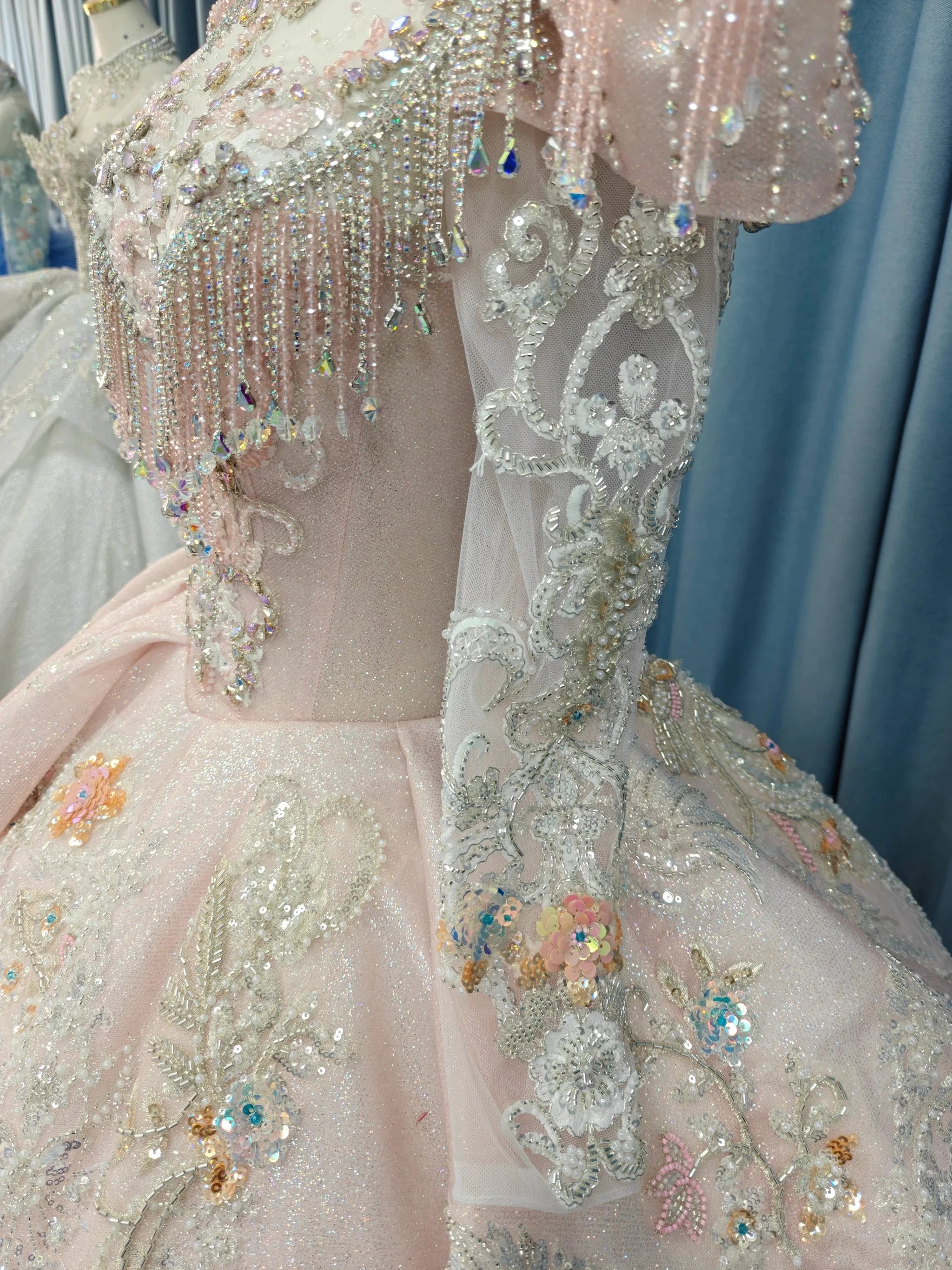 Lavish Blush Pink High-Neck Ball Gown Wedding Dress with Beaded Fringe & 3D Floral Embroidery Ye-2026 (ZD16807)