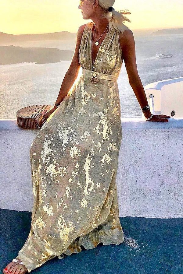 Jovita Aesthetic Long Dress with V Neck and Gold Sequins Chic Silhouette Collection