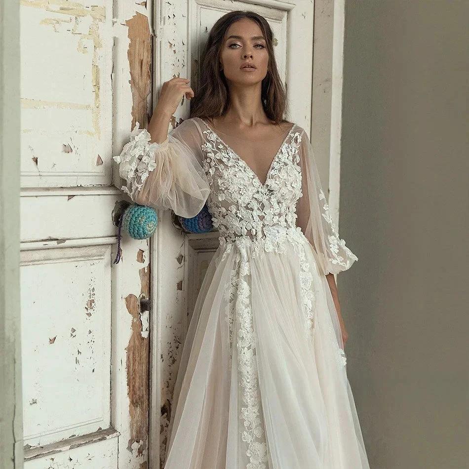 Elegant A-Line Wedding Dress Puff Sleeve Romantic Bridal Backless Beaded Appliques V-Neck Bride Dresses Vestido Noiva (ZD14129)