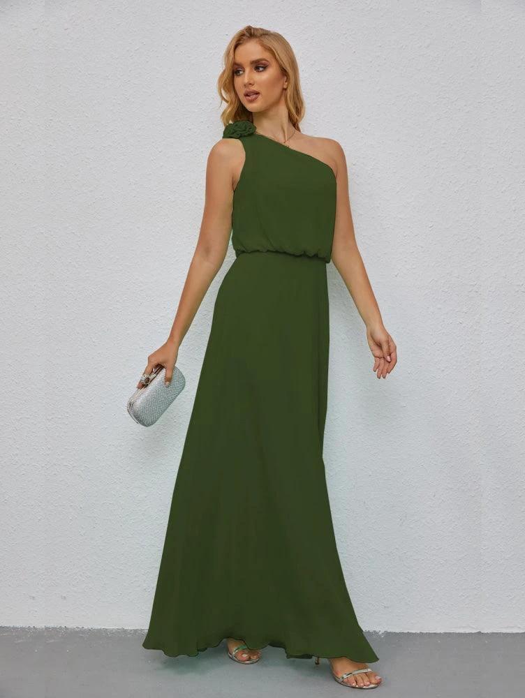 Ruffled One Shoulder Sleeveless Long Bridesmaid Dresses A-line Formal Evening Gown Side Split 28080 by numbersea