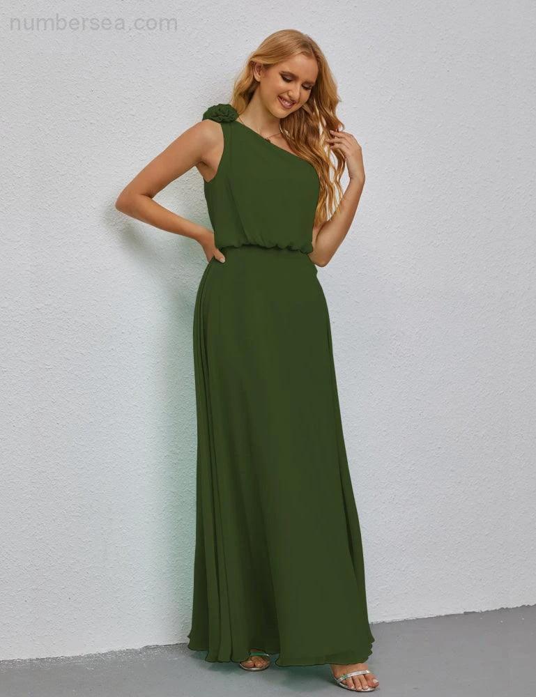 Ruffled One Shoulder Sleeveless Long Bridesmaid Dresses A-line Formal Evening Gown Side Split 28080 (ZD17018)