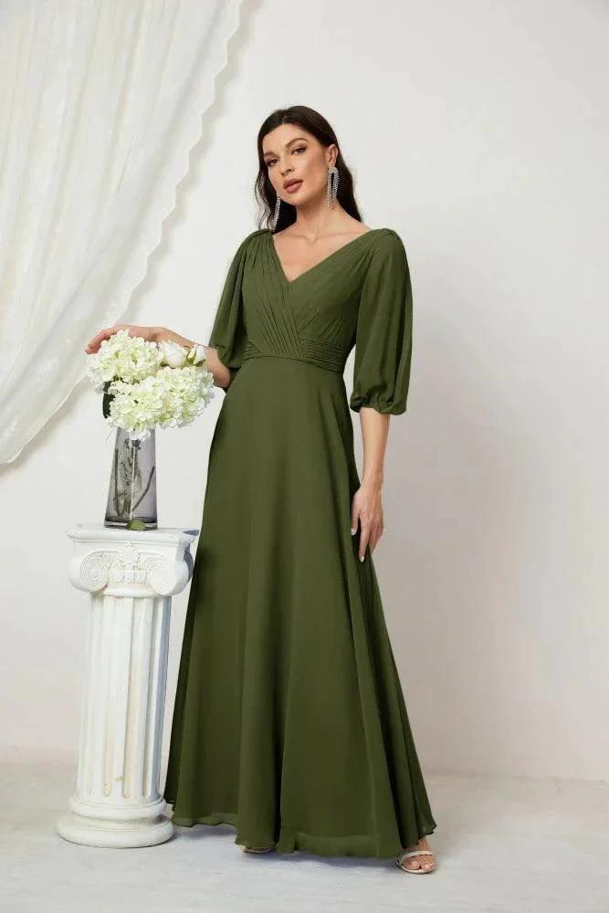 Numbersea Formal Prom Gown Women V-Neck Chiffon Bridesmaid Dresses Long Bishop Sleeve Party Dress 2807 by numbersea