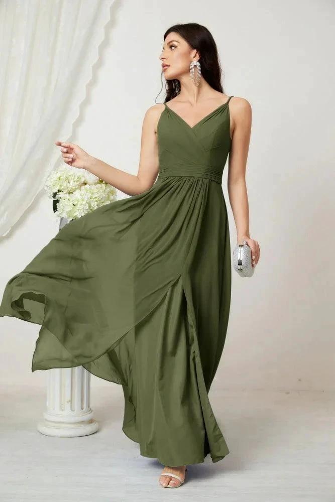 Numbersea Chiffon V-Neck Bridesmaid Dress Spaghetti Strap Long Formal Party Prom Gowns with Slit 28010 by numbersea
