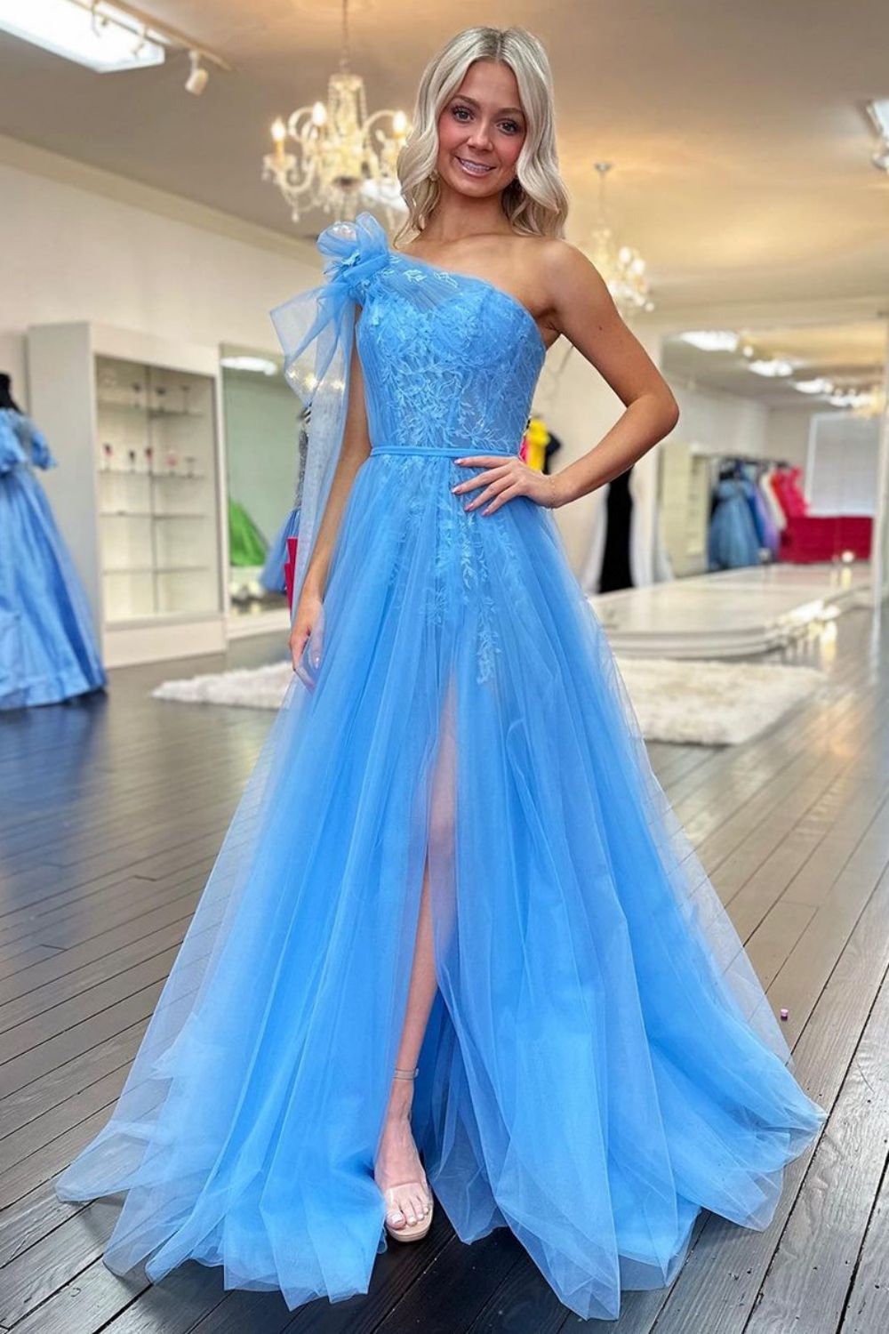 Charming A-Line One-Shoulder Blue Long Prom Dress with Appliques - FashionDia