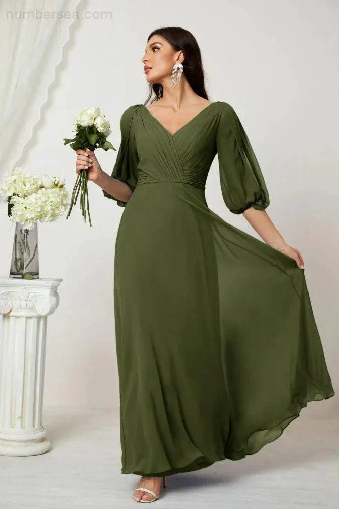 ZapDress  Formal Prom Gown Women V-Neck Chiffon Bridesmaid Dresses Long Bishop Sleeve Party Dress 2807 (ZD17027)