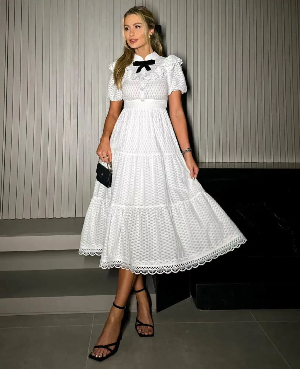 Fashion White Lace Prom Dress A-Line Puff Sleeves Black Bow Belt Ruched Knee Length Evening Dress vestido de gala