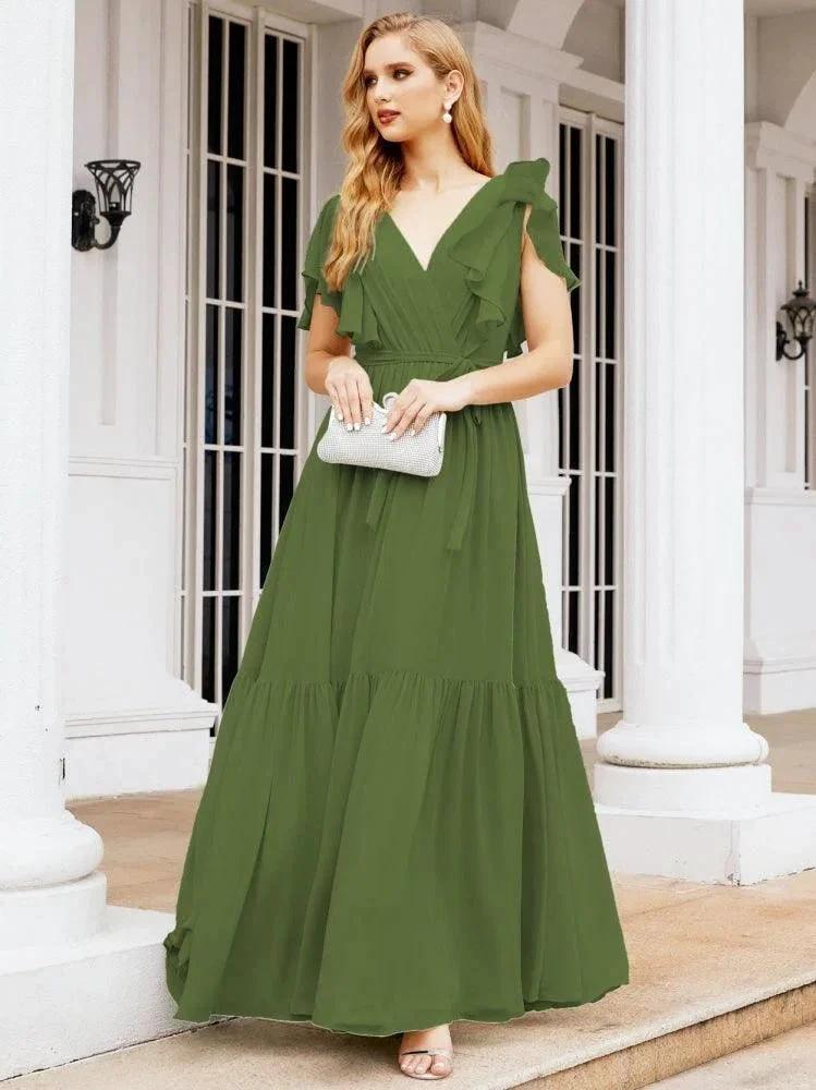 Numbersea Women's Open Back Formal Evening Party Prom Gowns V-Neck Long Chiffon Bridesmaid Dresses with Waist Belt 28038 by numbersea