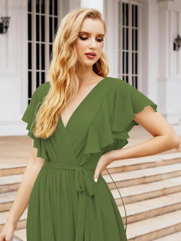 ZapDress Women's Open Back Formal Evening Party Prom Gowns V-Neck Long Chiffon Bridesmaid Dresses with Waist Belt 28038 (ZD17000)