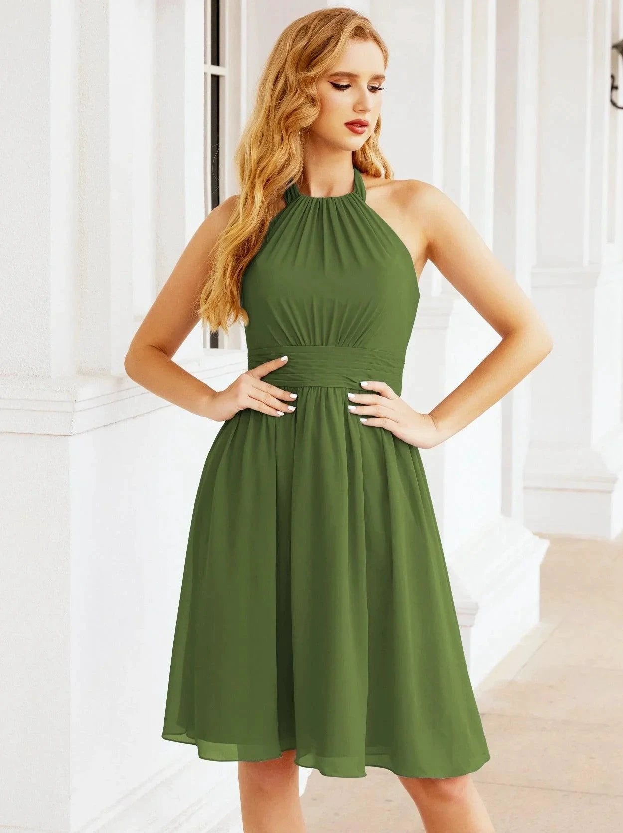 ZapDress Halter Chiffon Bridesmaid Dresses Short Sleeveless Formal Party Dress Open Back 28023 (ZD16957)