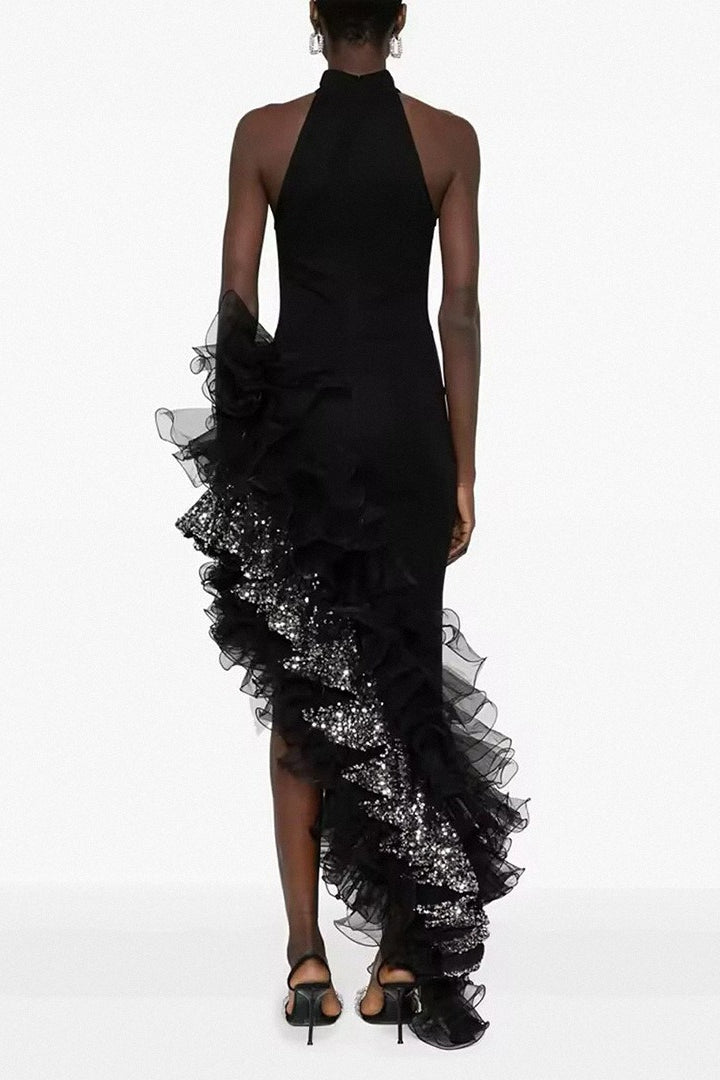 Black Ruffled Mesh Dress with Relaxed Fit and Boutique Fashion Look