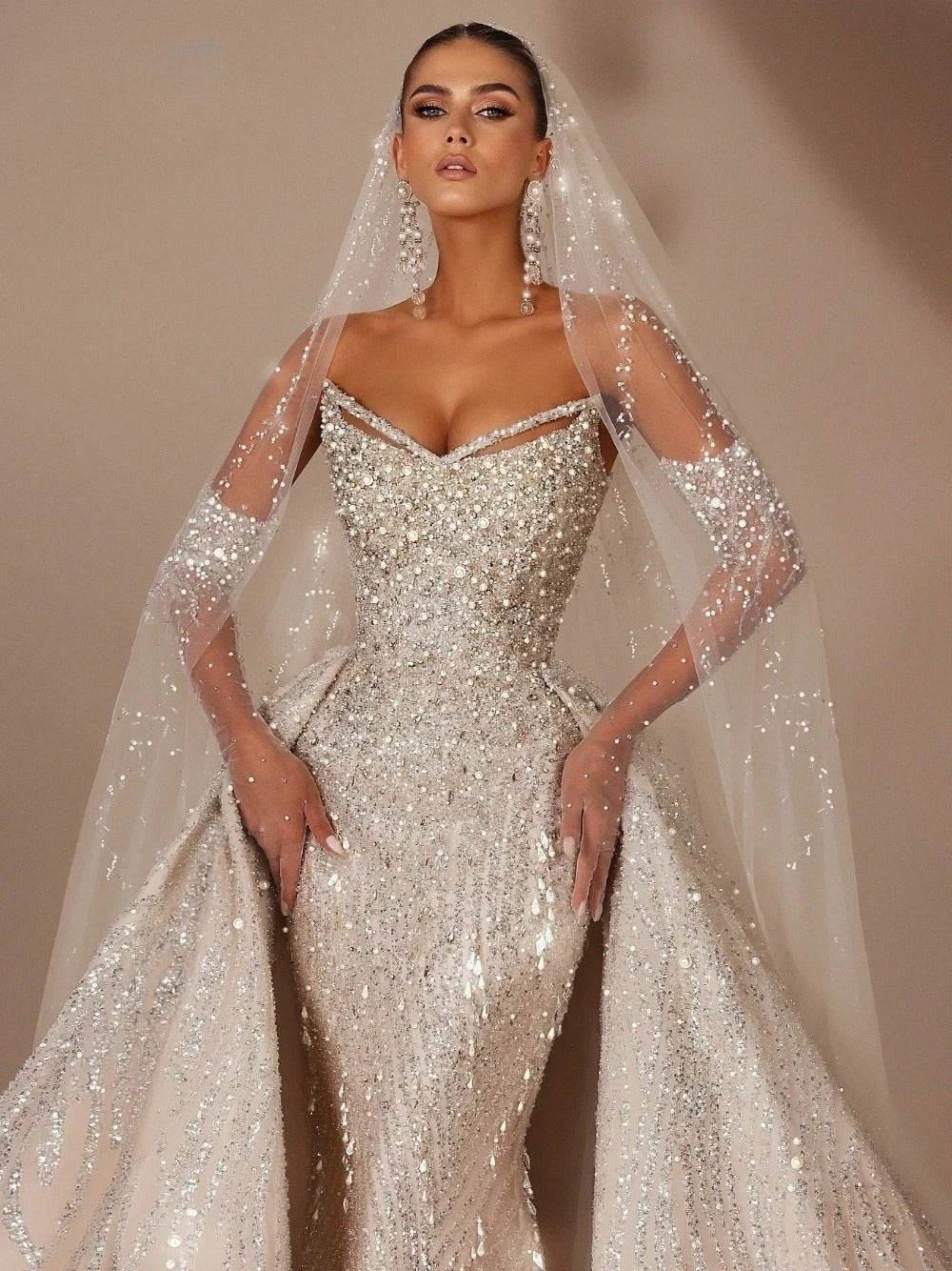 Royal V Neck Wedding Dress With Detachable Train Sequin Beaded Bride Gown (ZD17069)