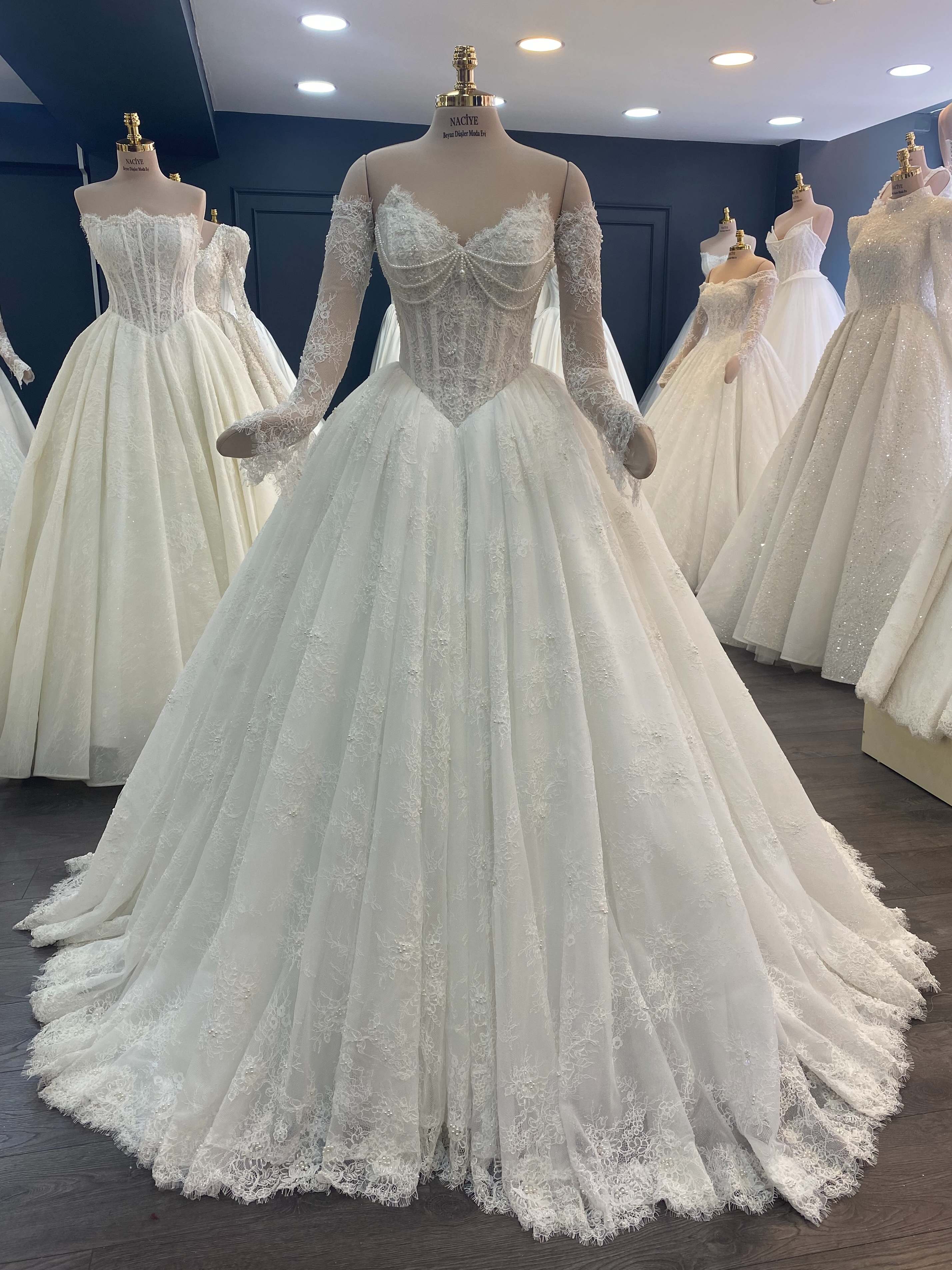 Full Floral Lace Long Sleeve Princess Wedding Gown With Lace-Up Back
