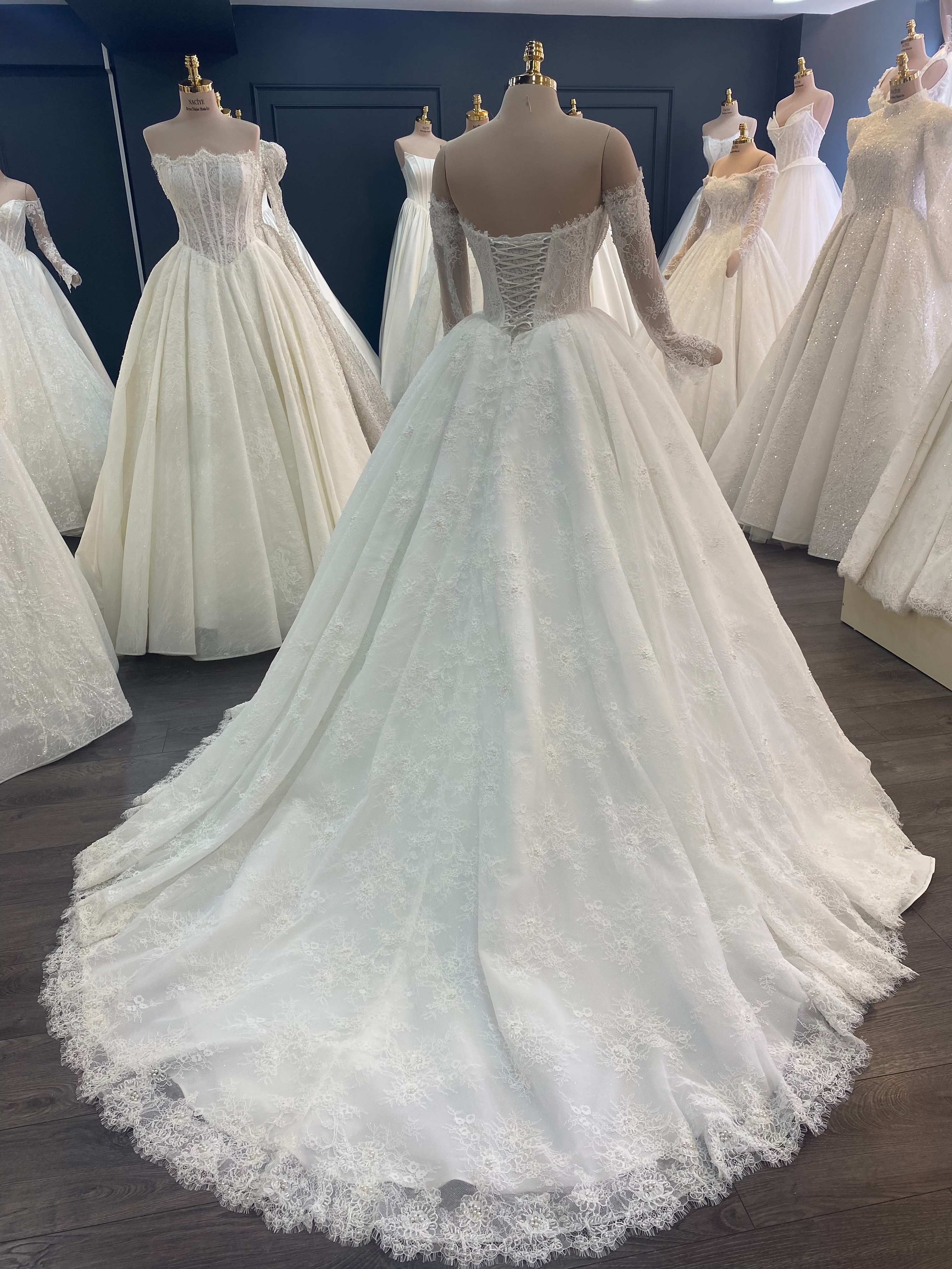 Full Floral Lace Long Sleeve Princess Wedding Gown With Lace-Up Back