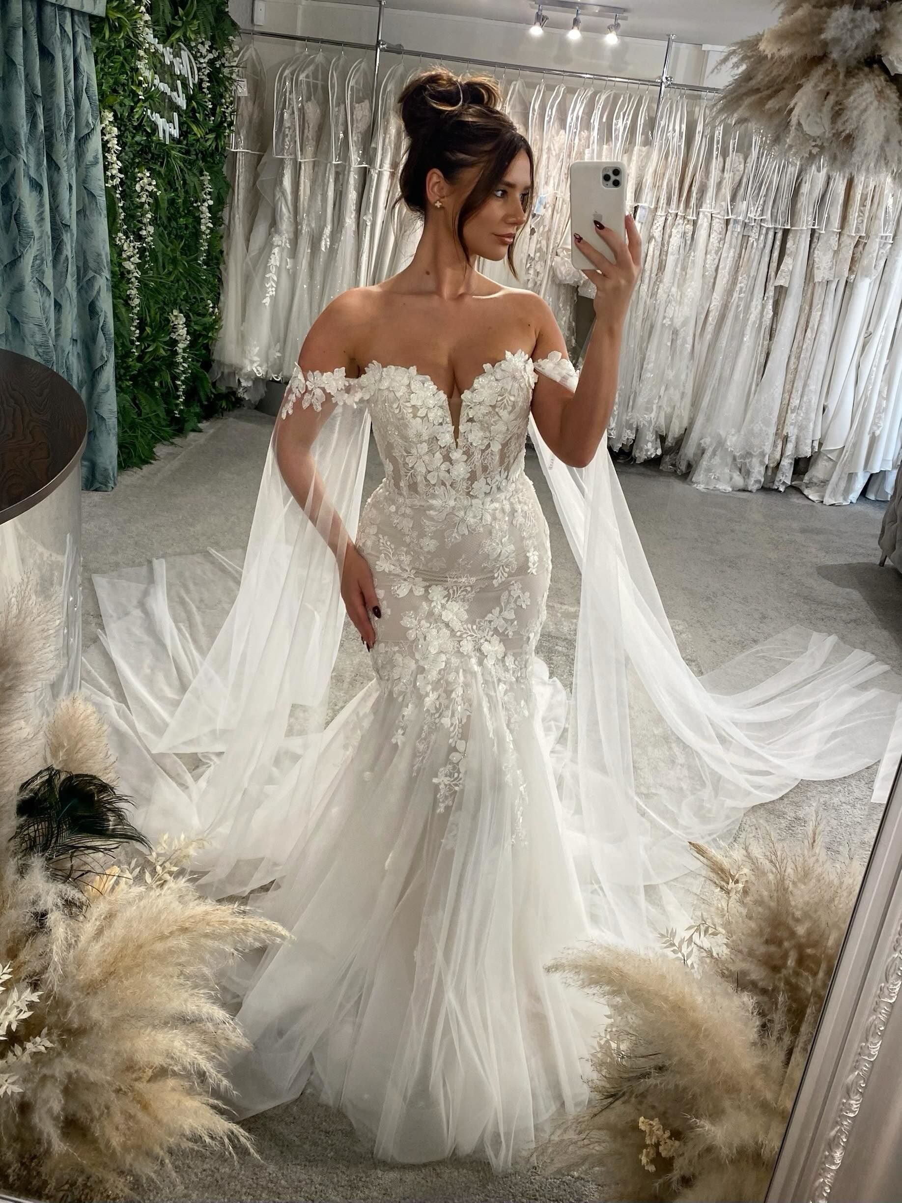 Off Shoulder Lace Mermaid Wedding Dress With Flowing Tulle Cape Sleeves And Chapel Train