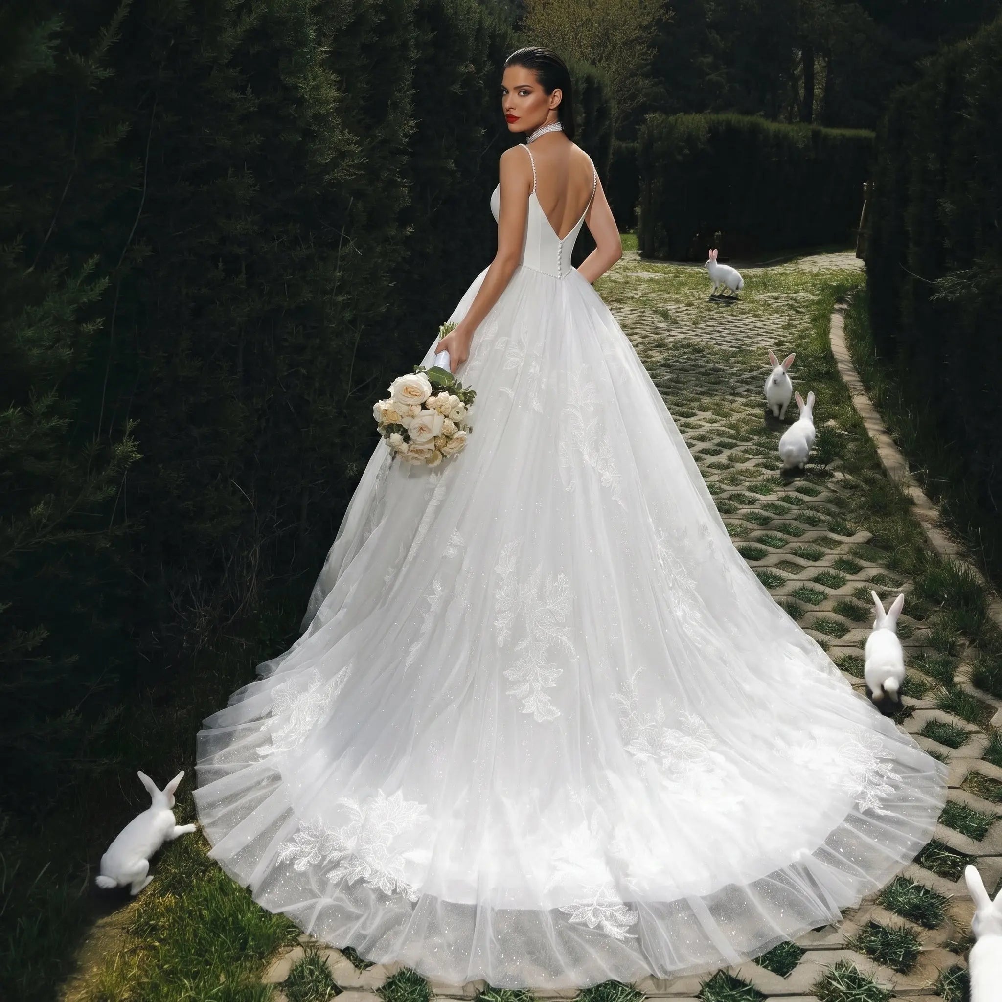 Elegant White Spaghetti Strap Satin Bodice Lace Tulle Wedding Dress with Train ZP065