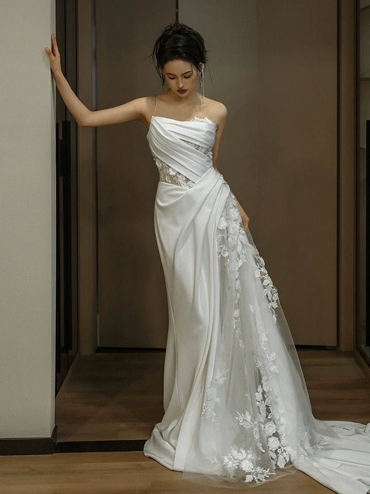 Simple White Mermaid One Shoulder Satin Lace Pleats Wedding Dress