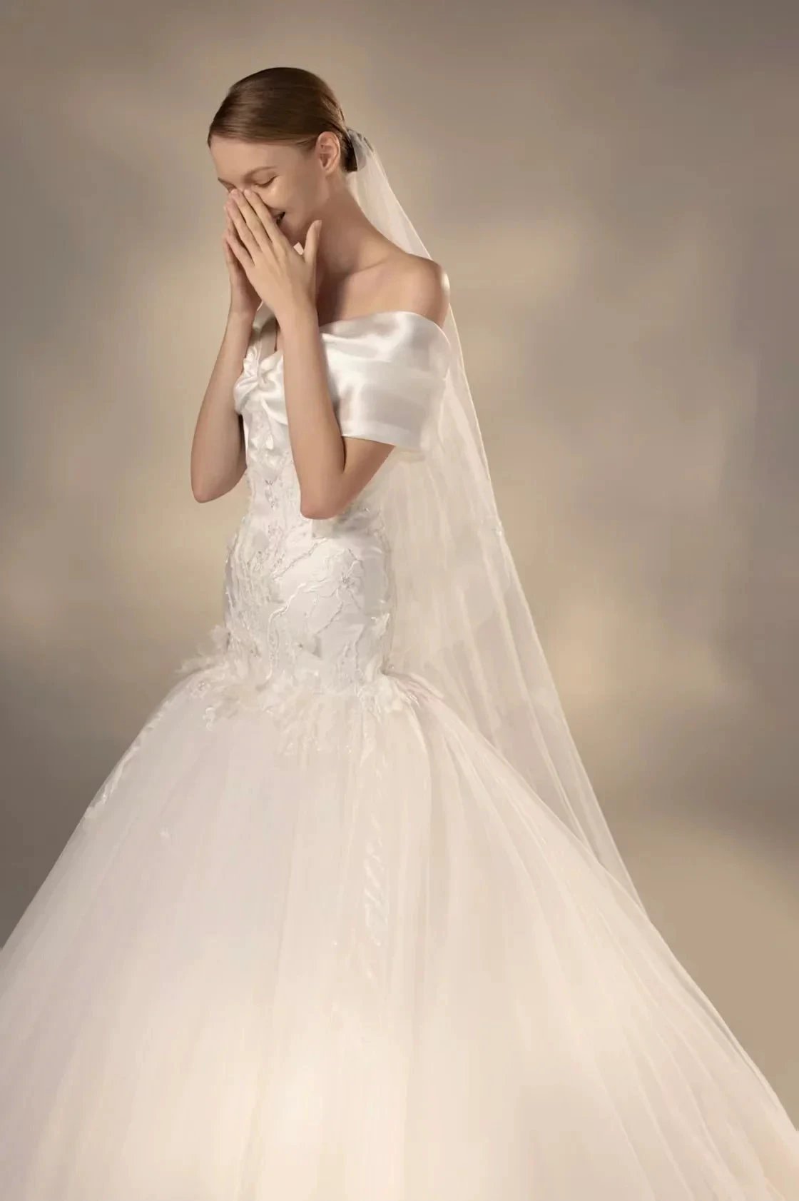 Gorgeous Long Ball Gown Off-the-Shoulder Satin & Tulle Wedding Dress with 3D Embroidery & Cathedral Train (ZD16909) - View 3 | VelvetHem