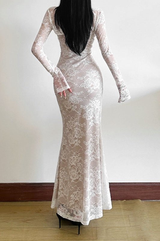 Fish Tail Square Neck Lace Dress - View 6 | VelvetHem