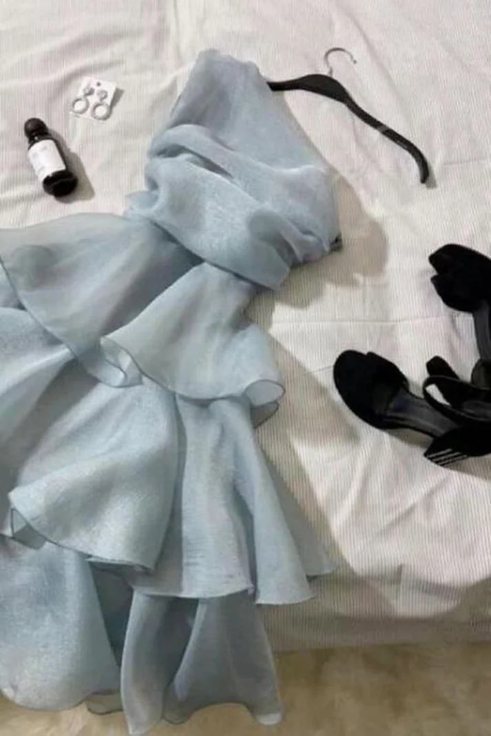 Elegant One Shoulder Blue Layered Homecoming Dress Mini Party Gown