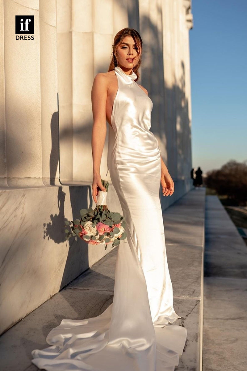 71001 - Classic High Neck Stain Sheath/Column Boho Wedding Dress