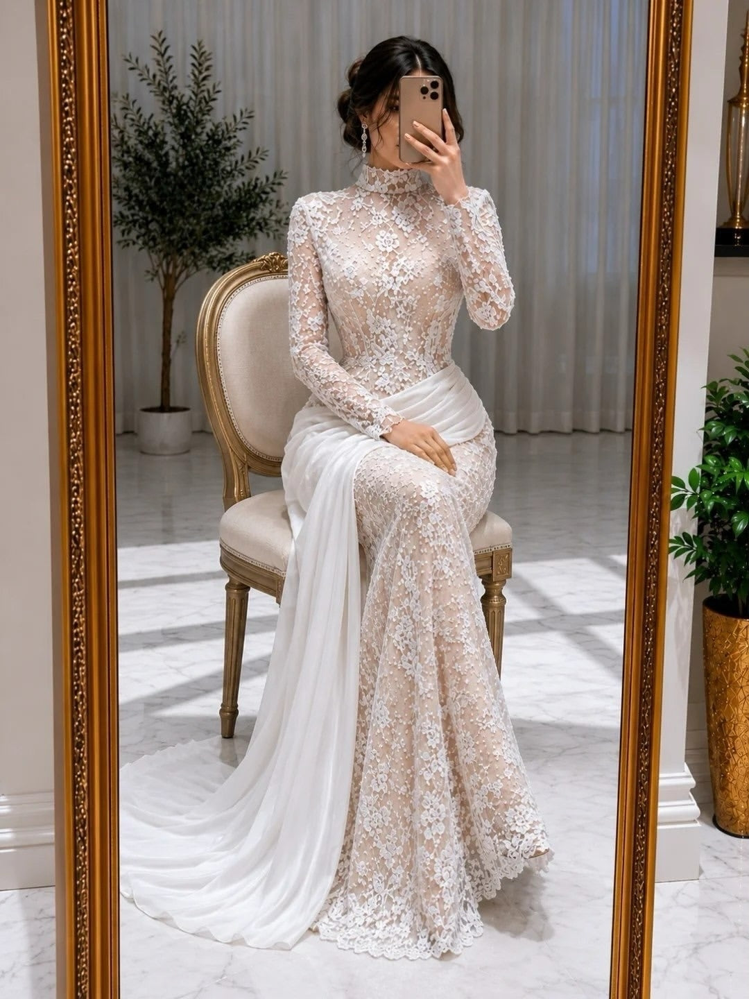 High Neck Long Sleeve Floral Lace Mermaid Wedding Dress With Draped Satin Overlay