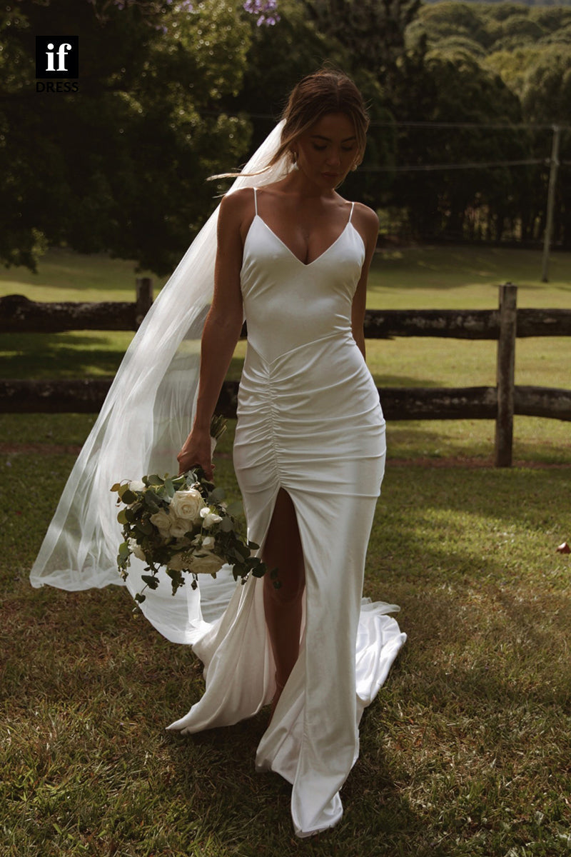 71011 - Classic Spaghetti Straps Pleats Boho Wedding Dress