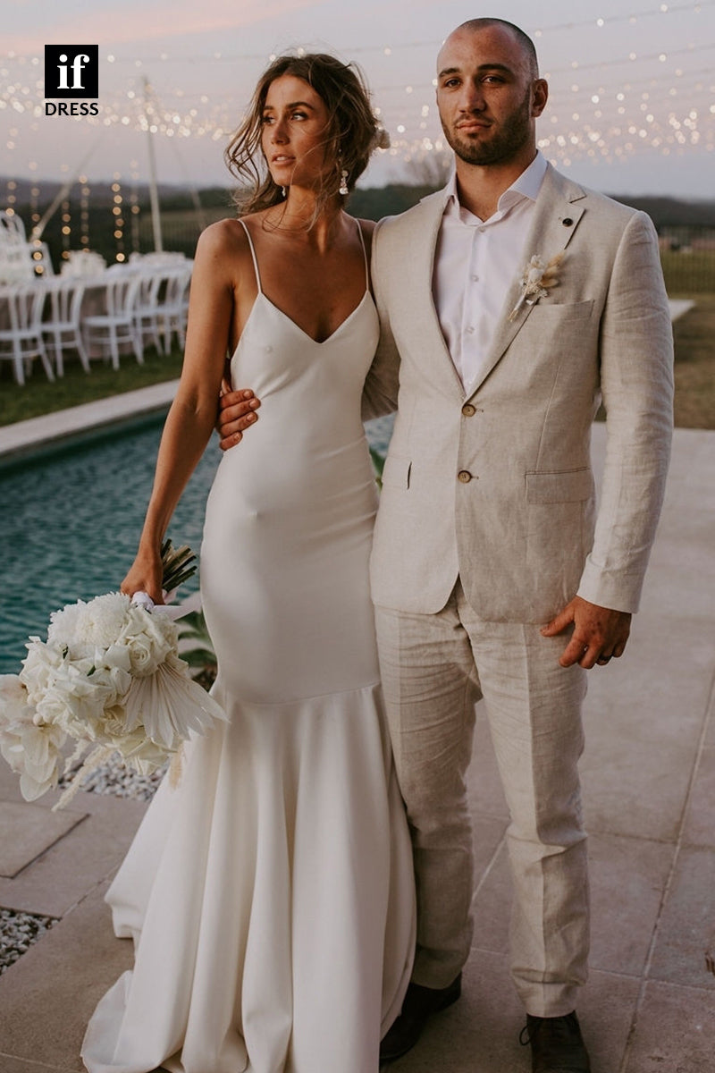 71020 - Classic Spaghetti Straps V-Neck Beach Wedding Dress
