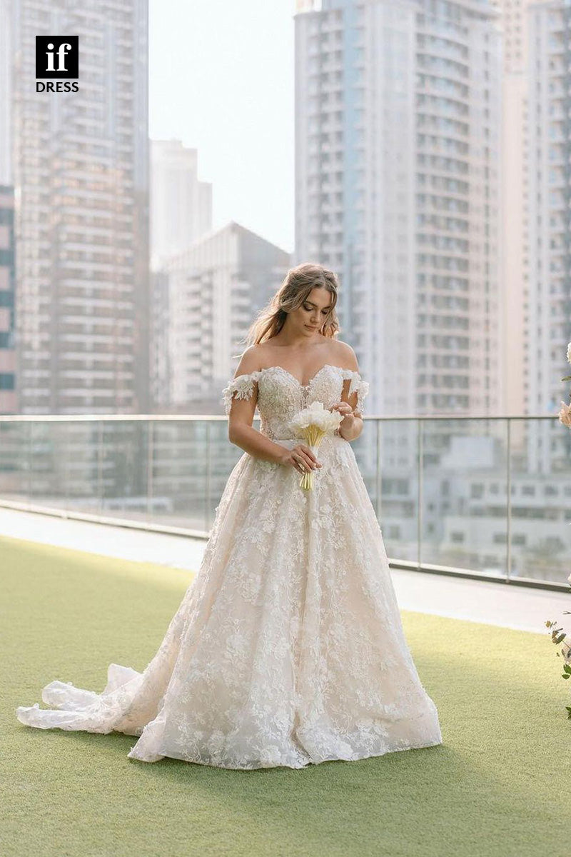 71022 - Elegant A-Line Off-Shoulder Sweetheart Appliques Boho Wedding Dress