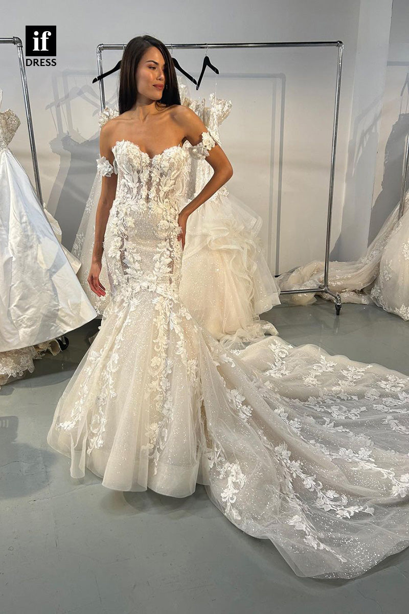 71025 - Attractive Off-Shoulder Lace Appliques Bohemian Wedding Dress