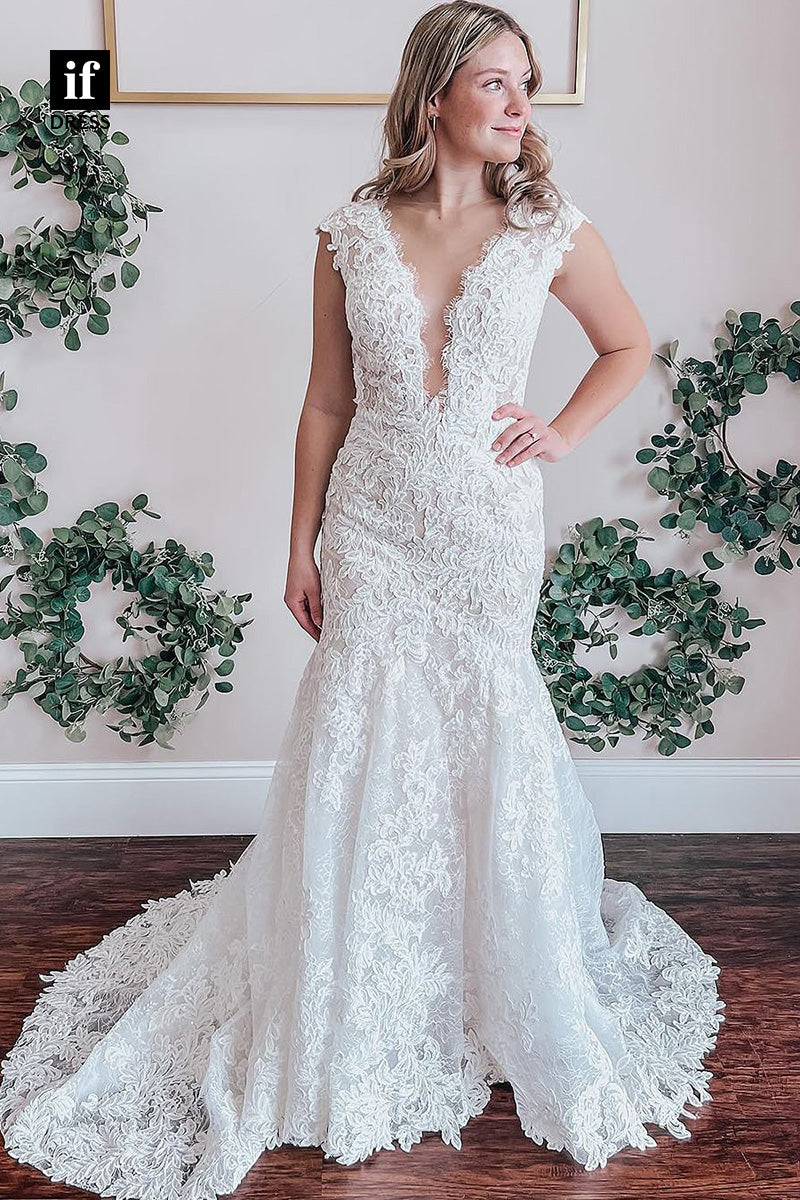 71029 - Adorable Plunging V-Neck Lace Appliques Beach Wedding Dress