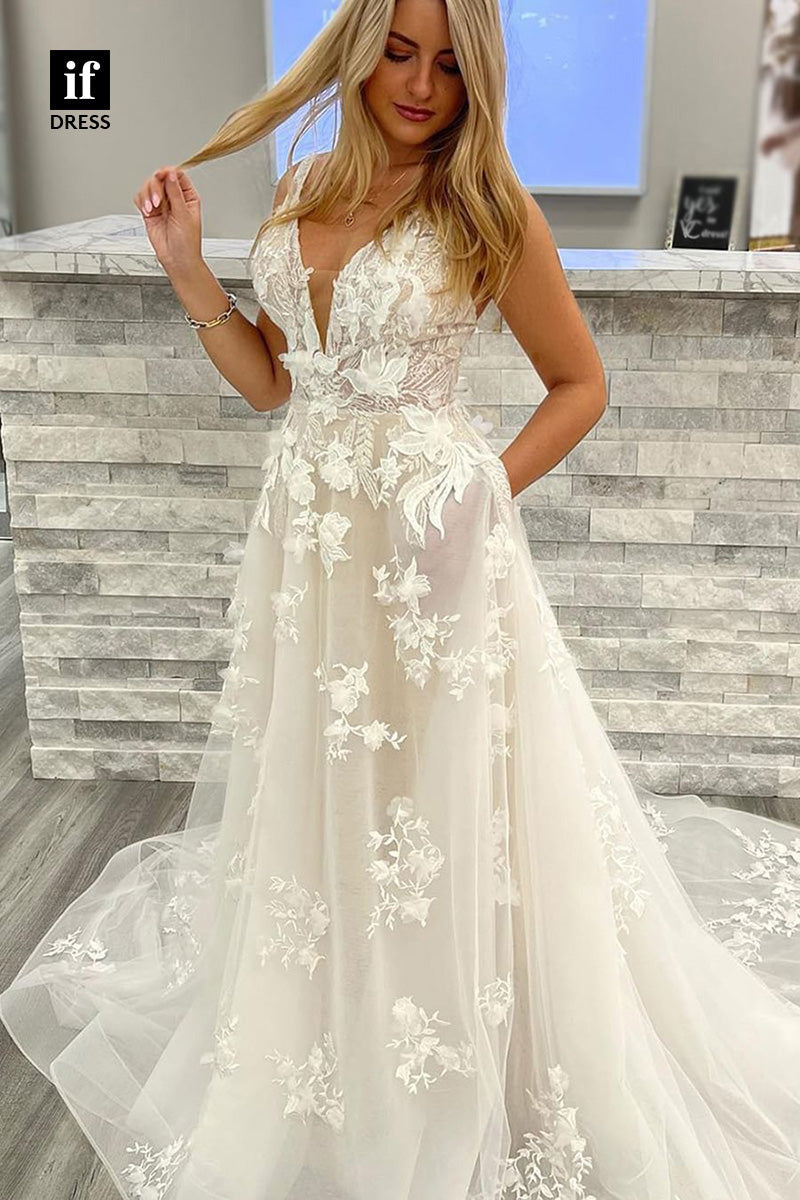 71030 - Generous Spaghetti Straps V-Neck Lace Appliques Boho Wedding Dress