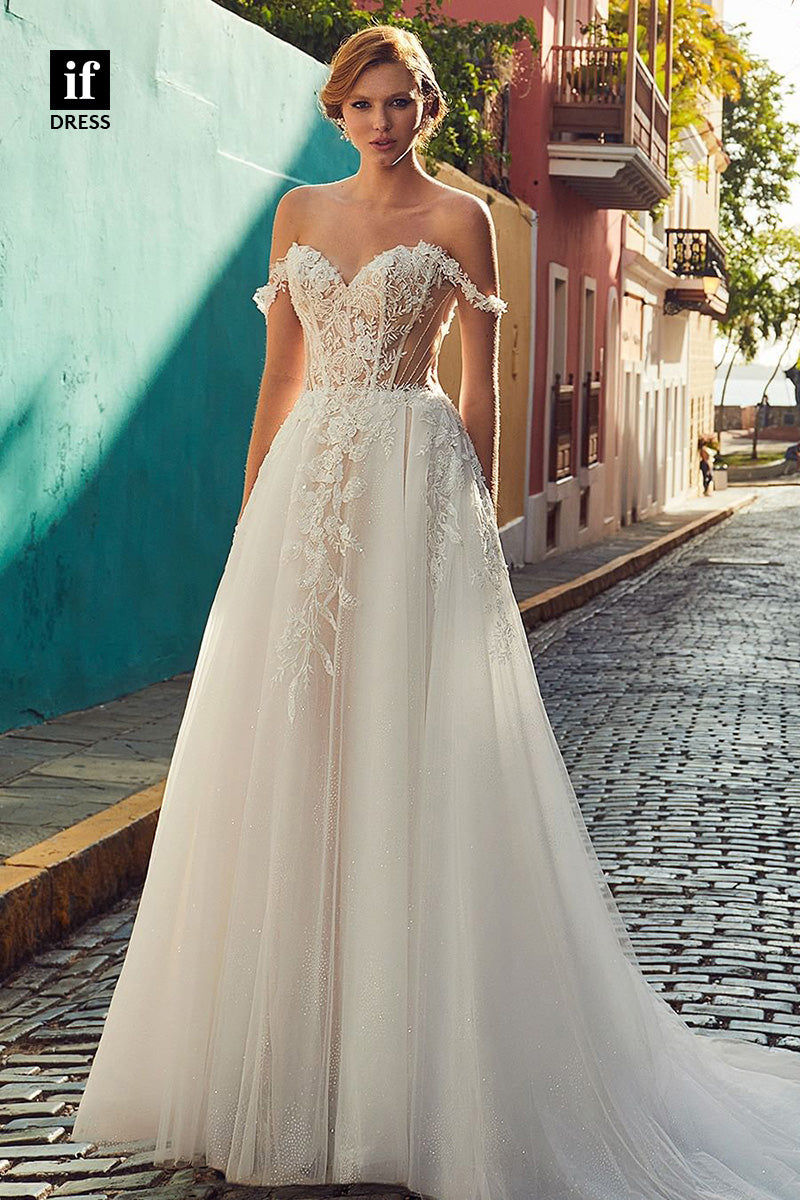 71036 - Adorable Off-Shoulder Cap Sleeves Appliques Bohemian Wedding Dress