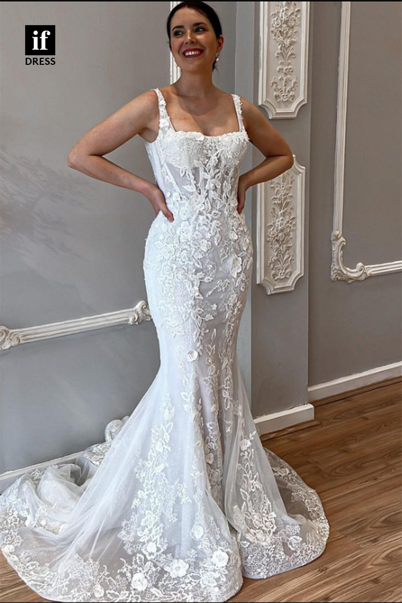 71037 - Romantic Double Straps Scoop Lace Appliques Boho Wedding Dress