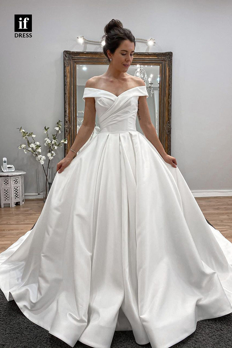 71051 - Classic Off-Shoulder Cap Sleeves A-Line Pleats Boho Wedding Dress
