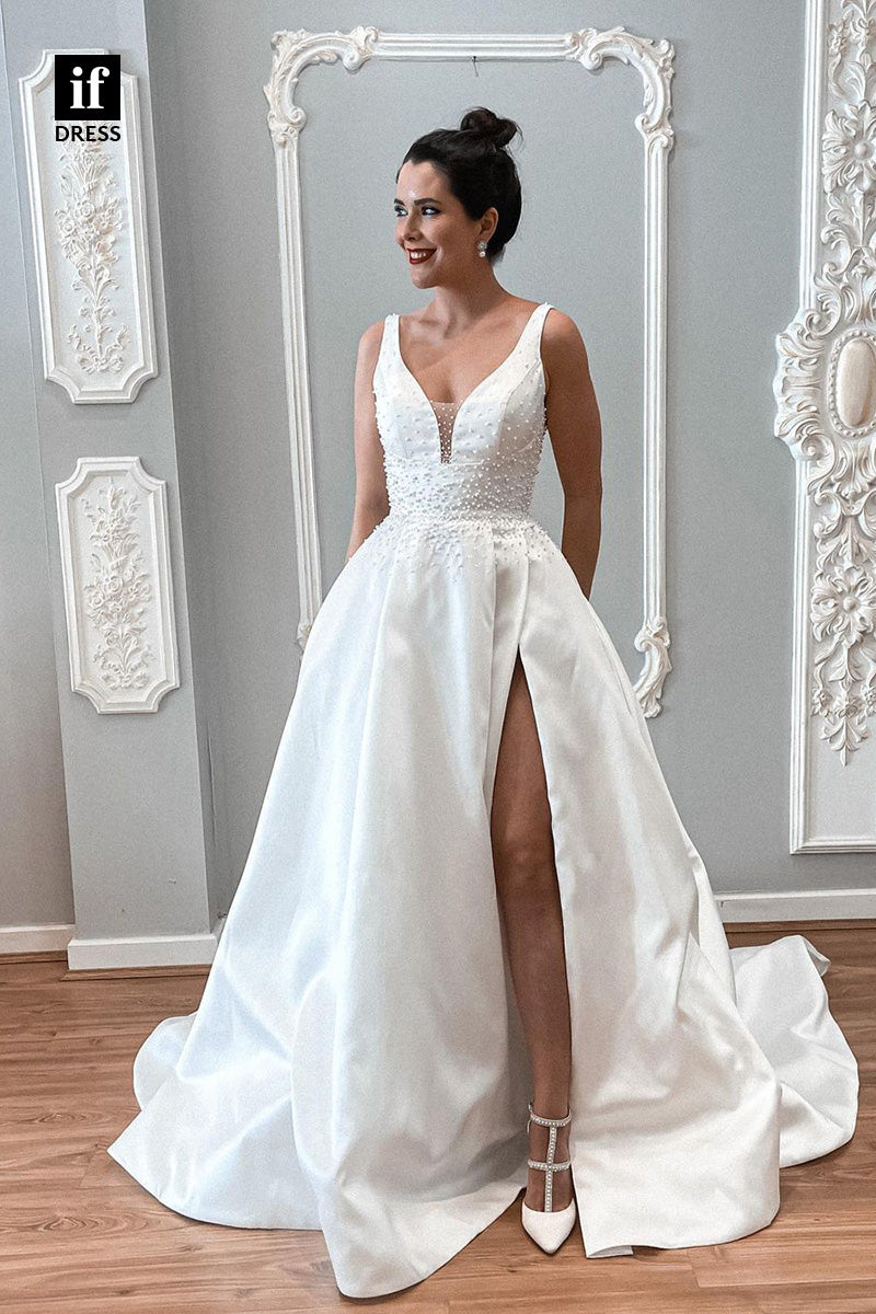 71050 - Attractive Straps V-Neck Side Slit Beach Wedding Dress